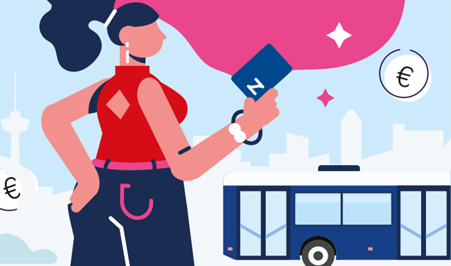 Piirroskuva, jossa nuori nainen pitelee kädessään Nyssen matkakorttia. Taustalla bussi. 