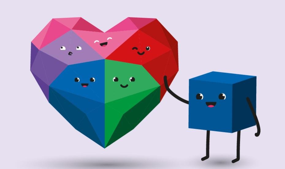 The colourful blocks have formed one big heart, with a blue cube-shaped block flashing next to it. 