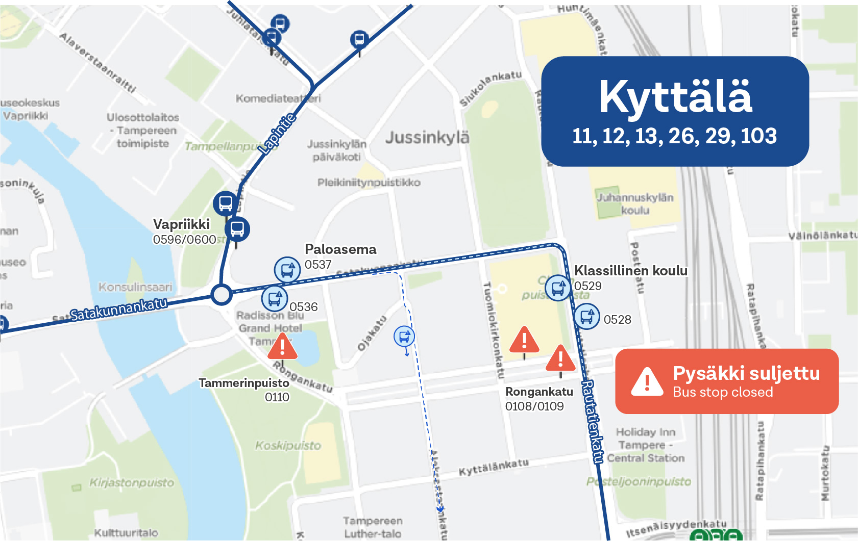 Poikkeustilanne on voimassa 18.6.2024 Kyttälässä, joka sijaitsee Tampereen keskustassa Lapintien ja Hämeenkadun välisellä alueella.