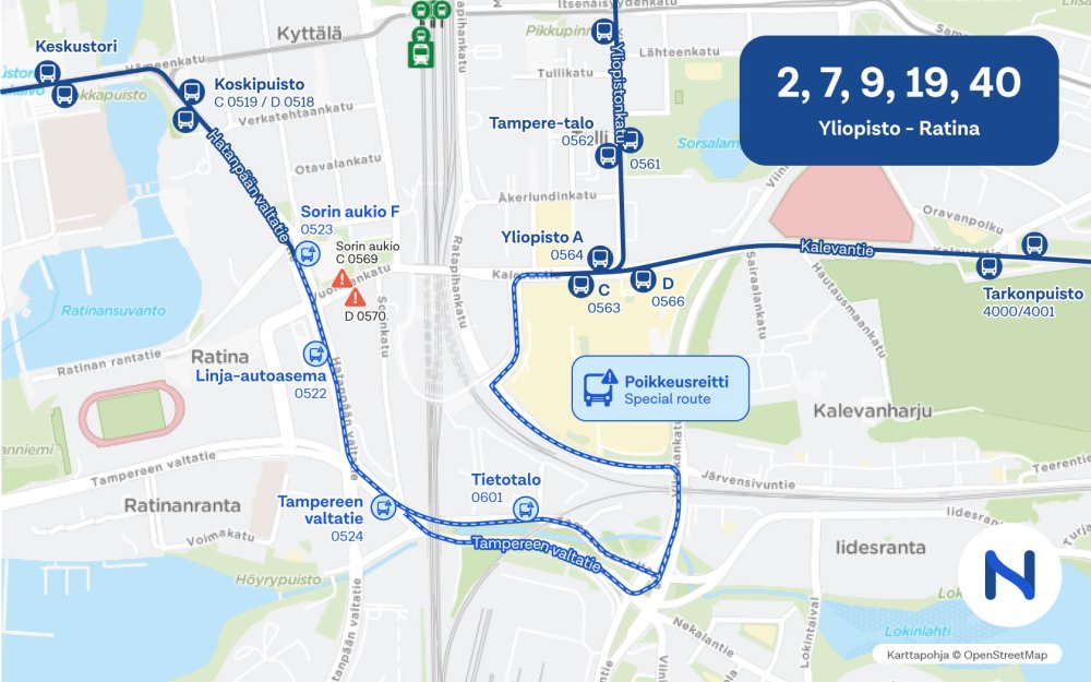 Kartalla näkyy linjojen 2, 7, 9, 19 ja 40 poikkeusreitti, joka kulkee Tampereen valtatien, Ratapihankadun ja Kanslerinrinteen kautta.