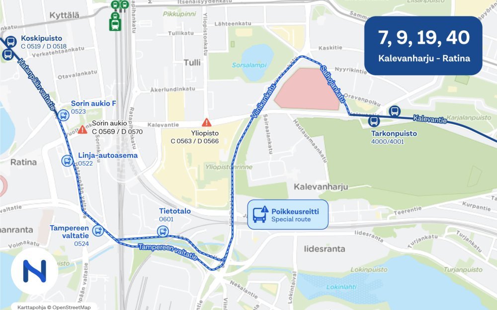 Sorin aukio detours: bus lines 2, 7, 9, 19 and 40