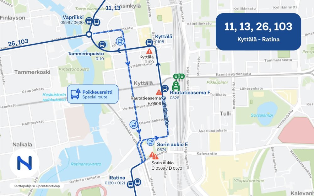 Kartalla näkyy linjojen 11, 13, 26 ja 103 Nokia Arenan tapahtumien aikaiset poikkeusreitit.