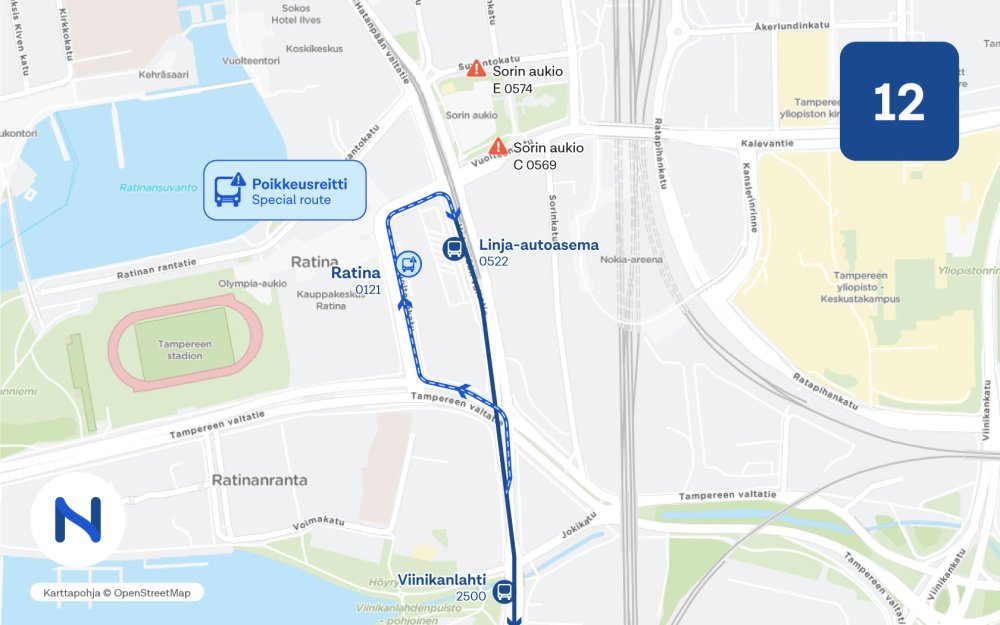 Kartalla näkyy linjan 12 Nokia Arenan tapahtumien aikainen poikkeusreitti.