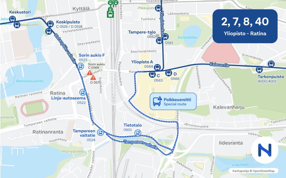 Kartalla näkyy linjojen 2, 7, 8 ja 40 poikkeusreitit Nokia Arenan tapahtumien aikaan.