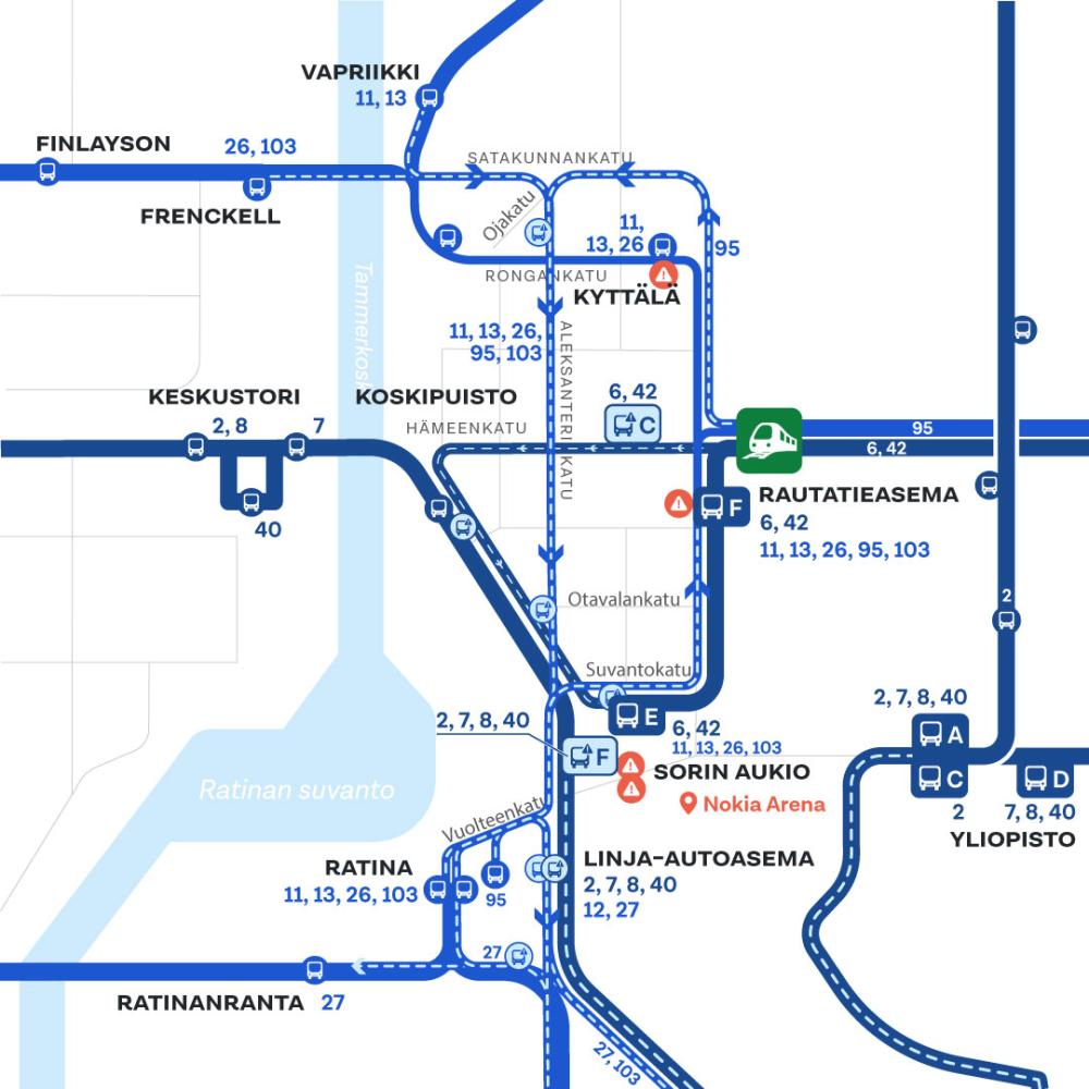 Kartalla näkyy Nokia Arenan tapahtumien aikaiset poikkeusreitit Tampereen itäisessä keskustassa.