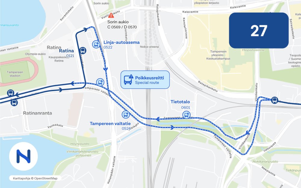 Kartalla näkyy linjan 27 Nokia Arenan tapahtumien aikainen poikkeusreitti.