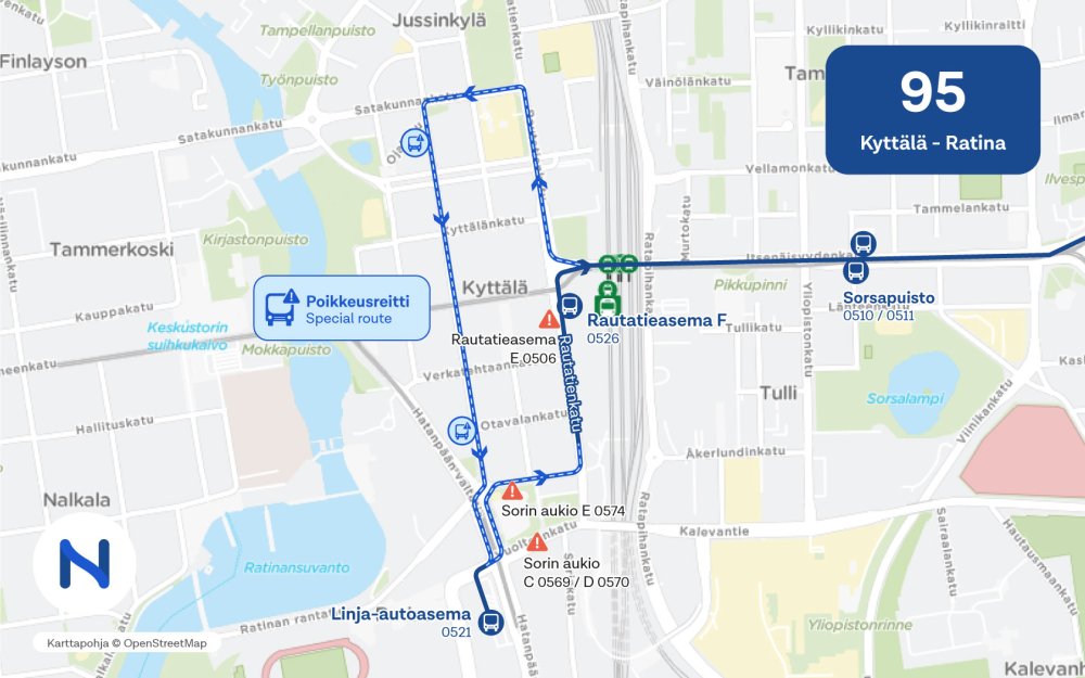 Kartalla näkyy linjan 95 Nokia Arenan tapahtumien aikainen poikkeusreitti.