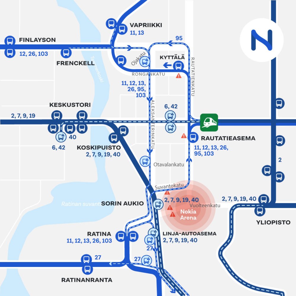 Kartalla näkyy Nokia Arenan tapahtumien aikaiset poikkeusreitit Tampereen itäisessä keskustassa.