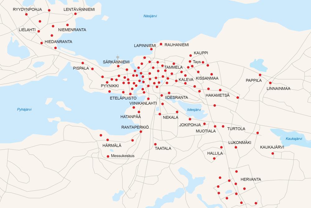 Kartta kaupunkipyöräasemien verkostosta kaudella 2025. Kaupunkipyöräasemia on pohjoisessa Rauhaniemessä, etelässä Hervannassa, lännessä Ryydynpohjassa ja Lentävänniemessä ja idässä Linnainmaalla ja Kaukajärvelä saakka.