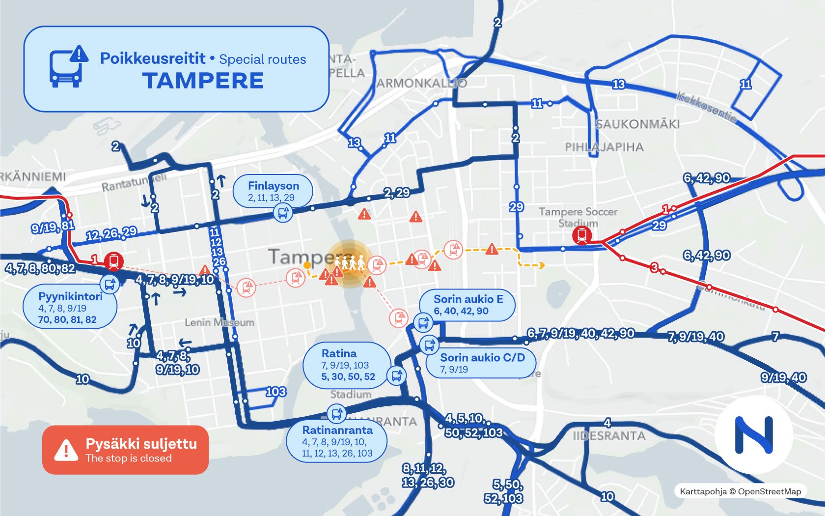 Bussit ovat poikkeusreiteillä Tampereen keskustassa Pyynikintorin ja Ratinan välisellä alueella.