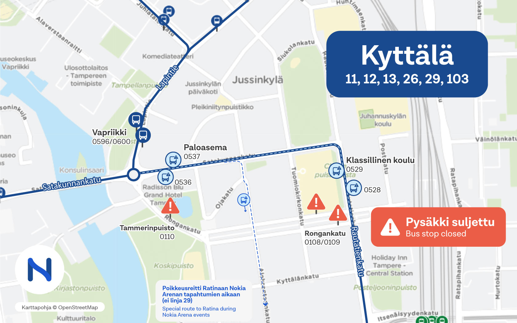 Poikkeustilanne on voimassa 18.6.2024 Kyttälässä, joka sijaitsee Tampereen keskustassa Lapintien ja Hämeenkadun välisellä alueella.