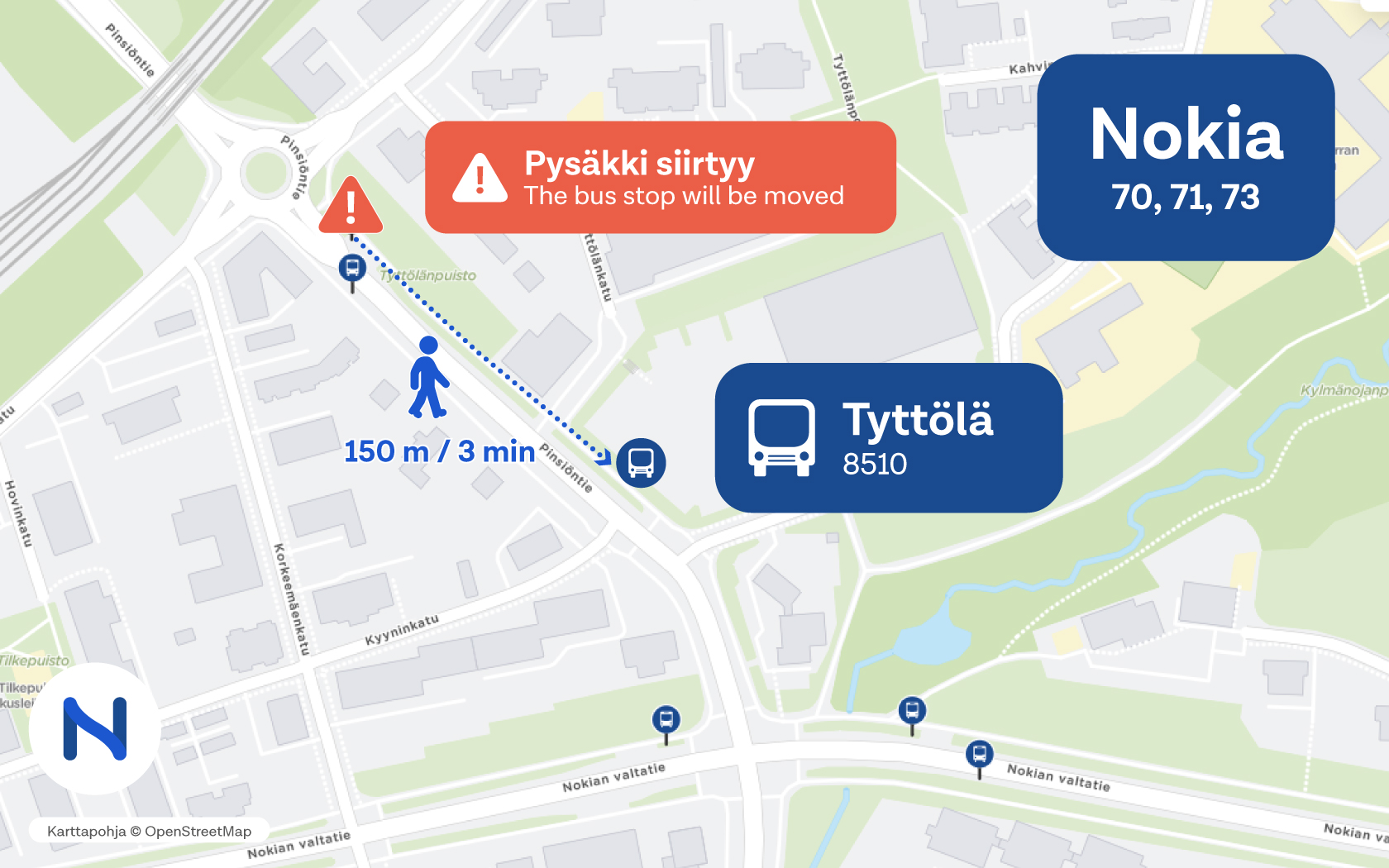 Karttakuva siirrettävän pysäkin sijainnista Pinsiöntiellä Nokialla.