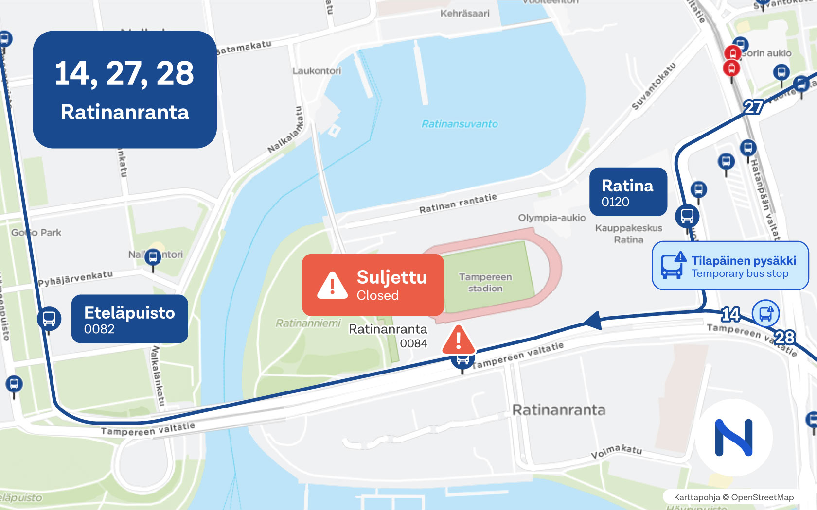 Suljettava pysäkki sijaitsee Tampereen valtatiellä Ratinan stadionin kohdalla.