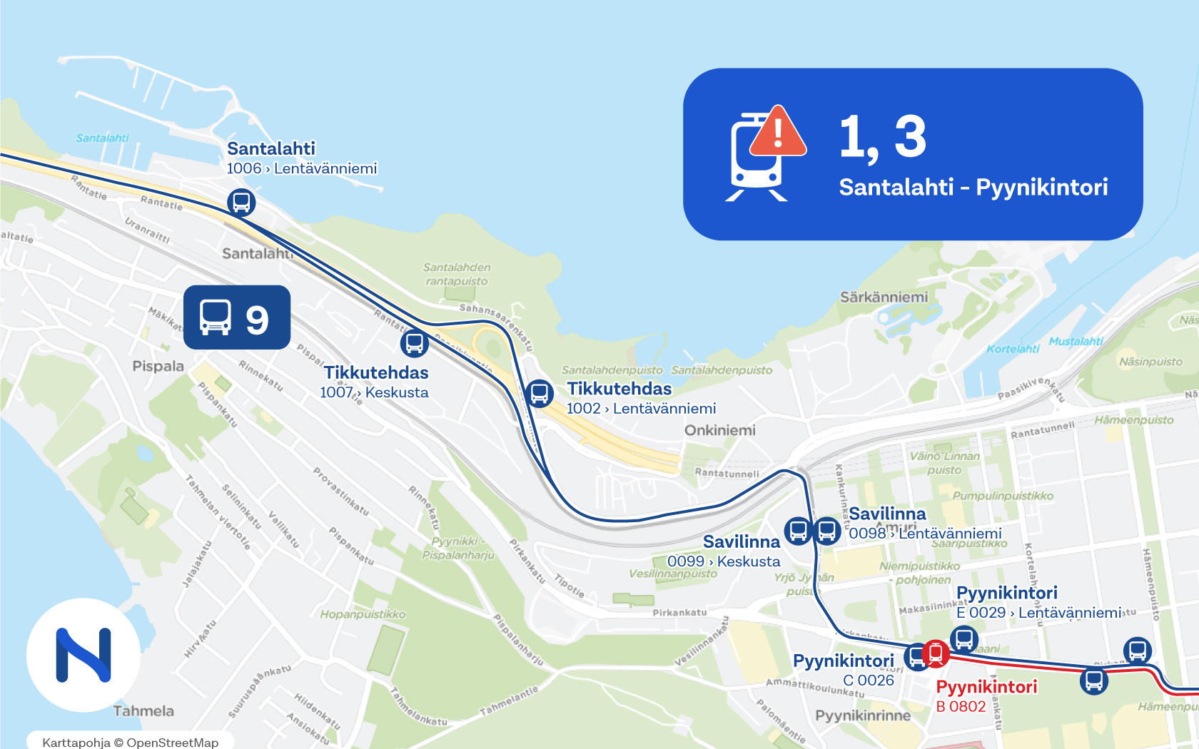 Ratikan perutut vuorot koskevat Tampereen keskustan länsipuolella kulkevaa reittiä. Linjan 9 reitti kulkee Paasikiventietä, Sepänkatua ja Pirkankatua.