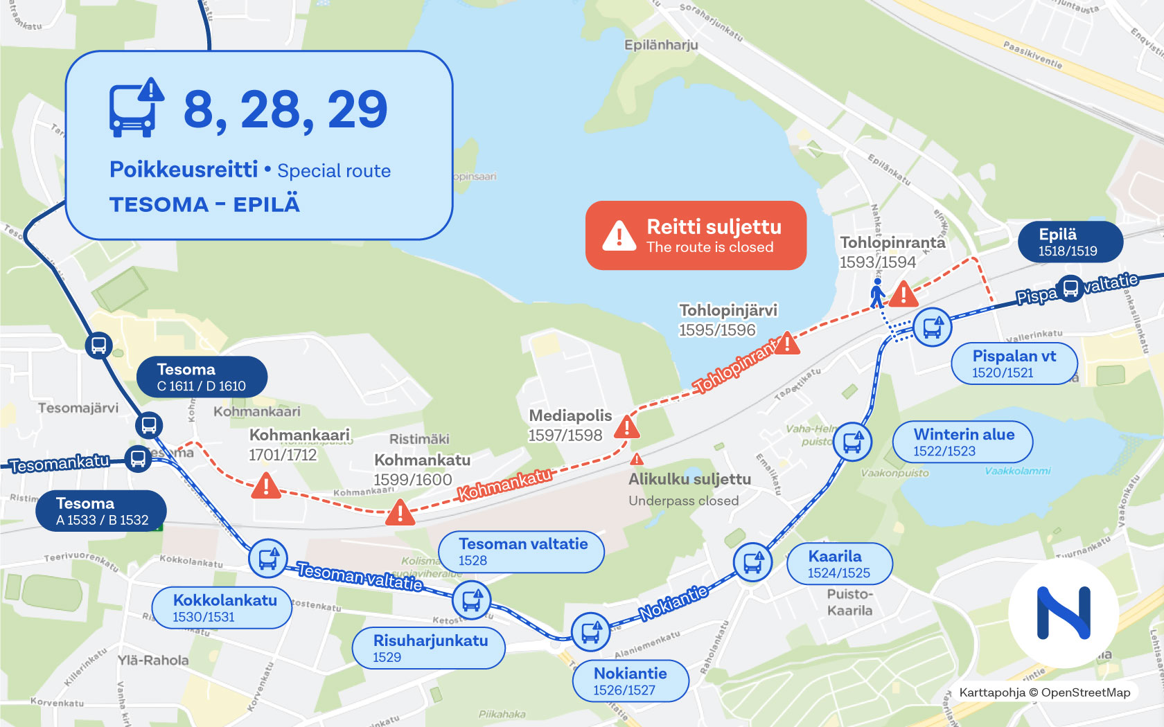 Poikkeusreitti kulkee Tohlopinrannan sijaan Nokiantietä ja Tesoman valtatietä.