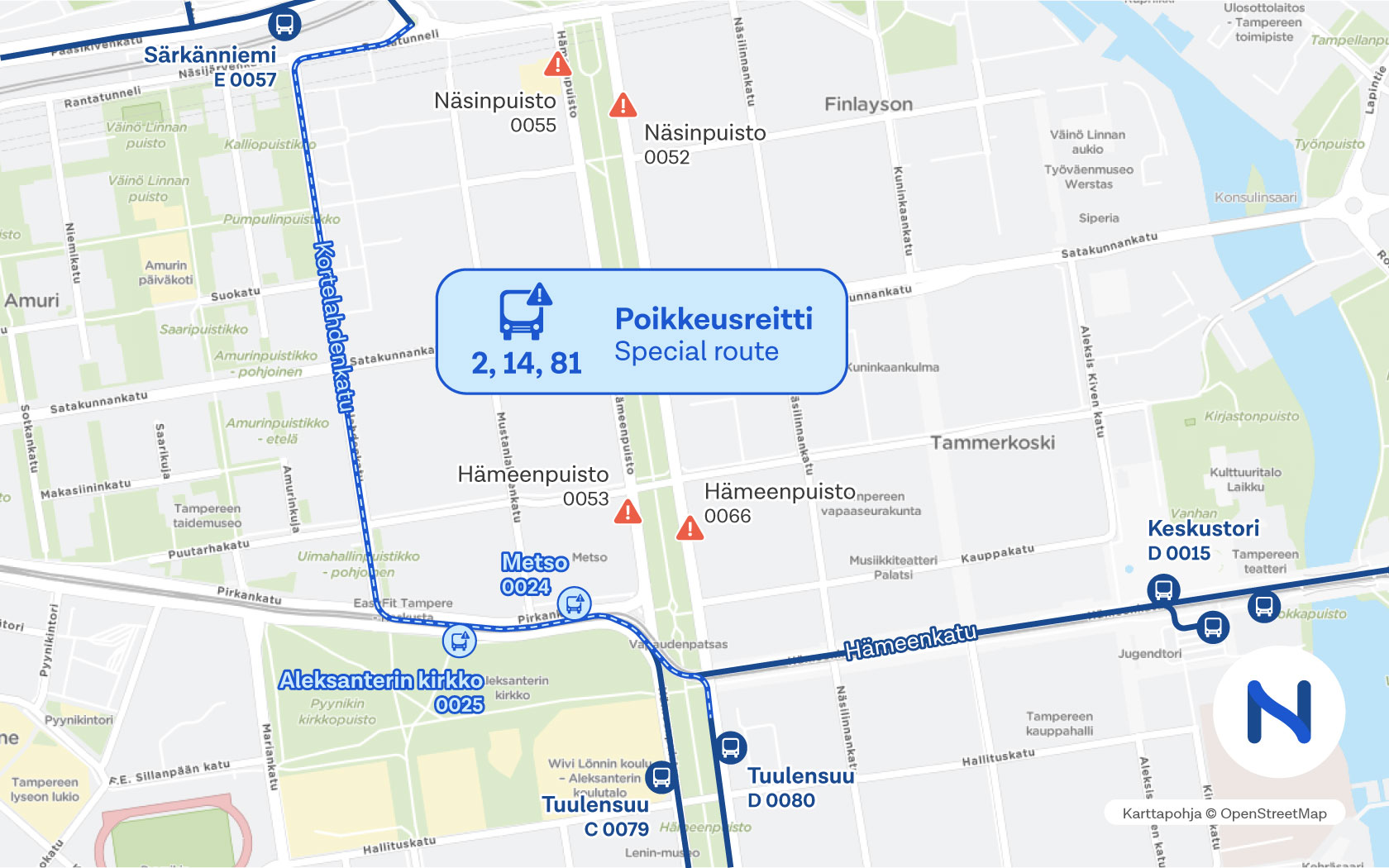 Kartalla näkyy bussien poikkeusreitti Amurissa.