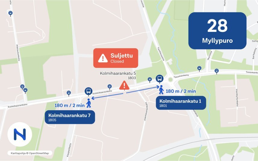 Suljettava pysäkki sijaitsee Kolmihaarankadulla, noin 200 metriä Tesomankadun ja Kalkun kehätien kiertoliittymästä länteen (Myllypuroa kohti).