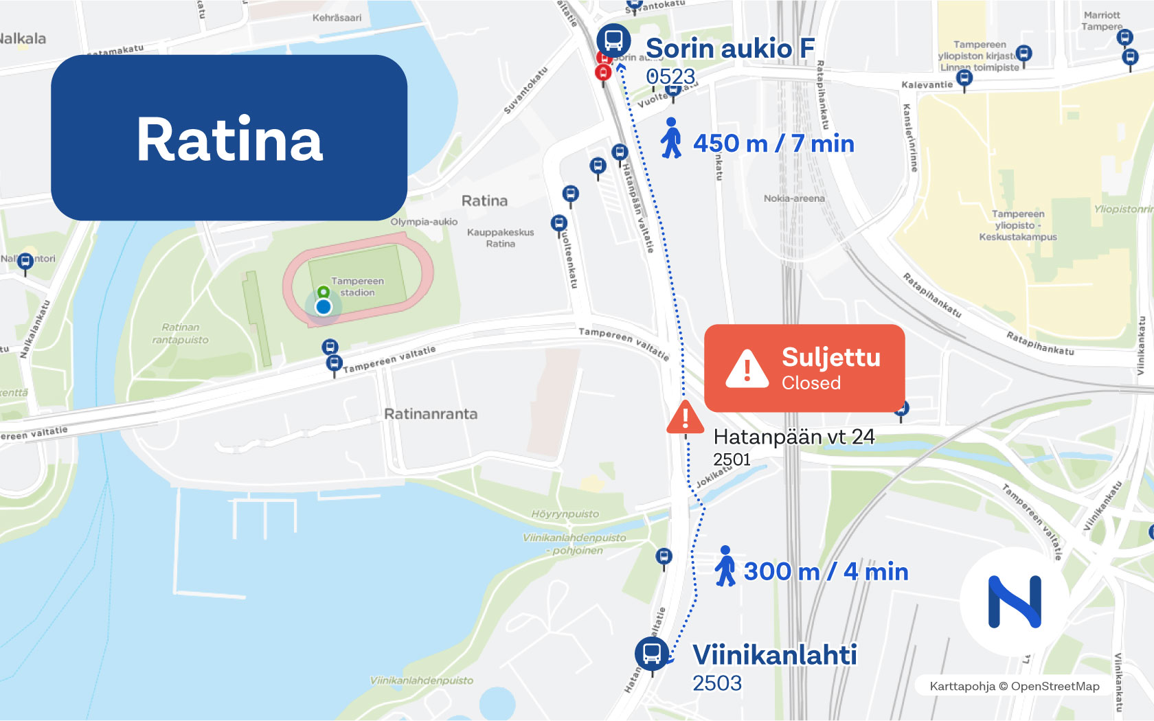 Kartalla näkyy suljettavan pysäkin sekä korvaavien pysäkkien sijainnit.