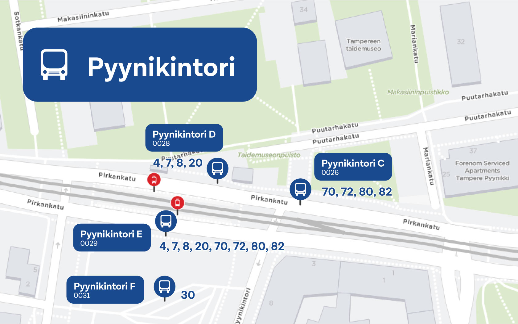 Kartalla näkyy Pyynikintorin pysäkkien sijainnit.