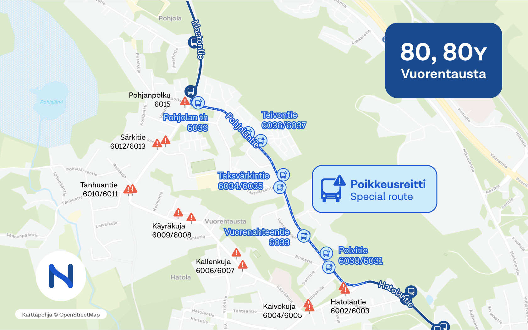 Kartalla näkyy linjan 80 poikkeusreitti ja pysäkit Vuorentaustassa.