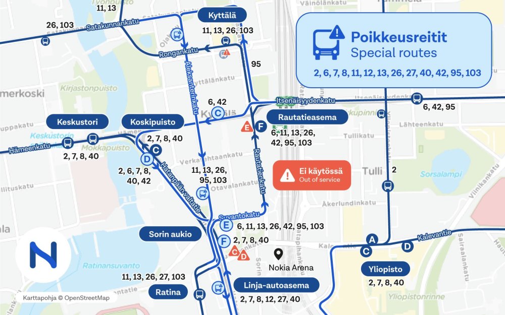 Kartalla näkyy Nokia Arenan tapahtumien aikaiset poikkeusreitit Tampereen itäisessä keskustassa.