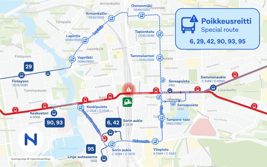 Kartalla näkyy bussireitit asematunnelin ollessa suljettu.