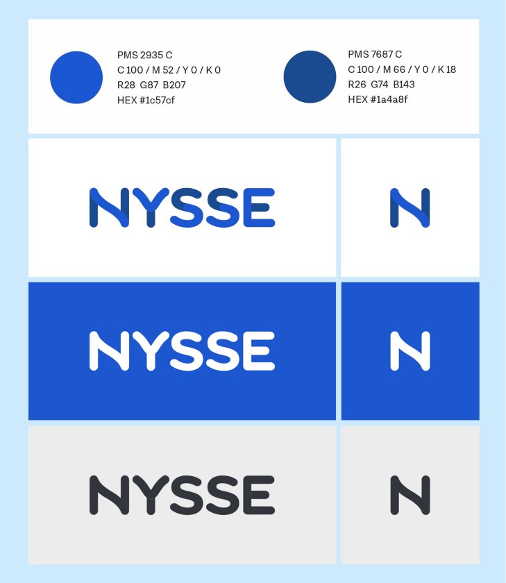 Nysse-tunnus toistetaan ensisijaisesti kaksivärisenä sinisenä tai negatiivina valkoisena.